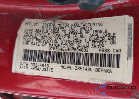 2013 Toyota Corolla Le z USA, uszkodzony, nr VIN 5YFBU4EE4DP094033